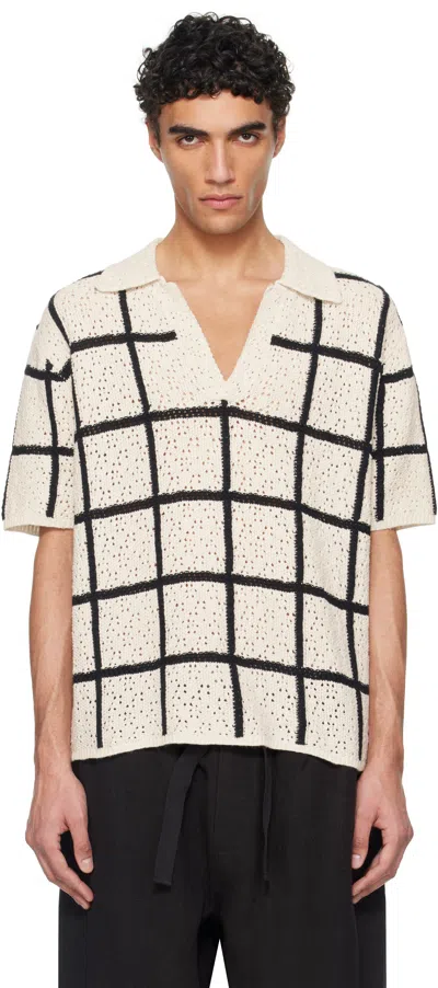 COMMAS OFF-WHITE & BLACK CROCHET CHECK OPEN PLACKET POLO