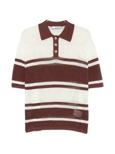 Commas Open-weave Striped Polo Shirt In Neutral