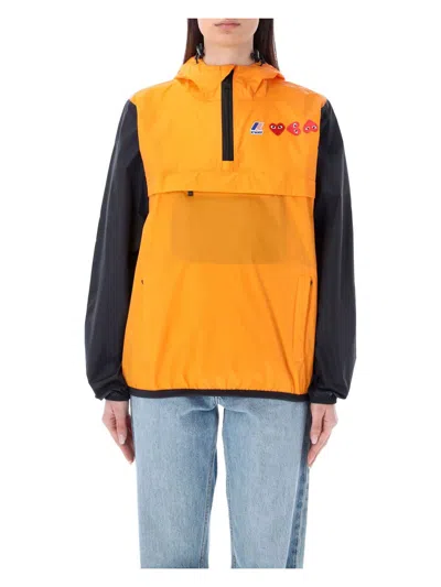 Comme Des Garãons Play Bicolor Waterproof Hooded Jacket In Orange Black