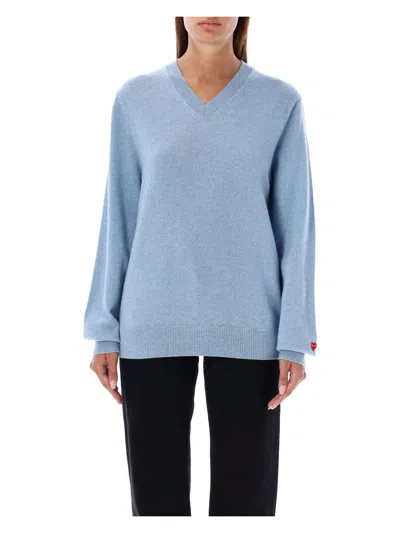 Comme Des Garçons Men's Red Heart Mini Patch V-neck In Light Blue