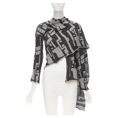 Pre-owned Comme Des Garçons Comme Des Garcons 1980's Vintage Grey Abstract Wool Intarsia Wrap Scarf Cardigan In Gray