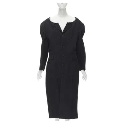 Pre-owned Comme Des Garçons Comme Des Garcons 1994 Dark Grey Pinstripe Frayed Cut Collar Boxy Coat M In Gray