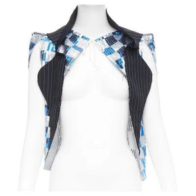 Pre-owned Comme Des Garçons Comme Des Garcons 2007 Blue Grey Checkered Sequin Wool Trim Vest Xs In Gray