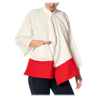 Pre-owned Comme Des Garçons 2010s Comme Des Garcons White & Red Poly Cotton Chinese Jacket With Mandarin Co