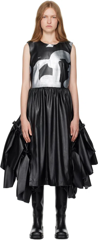 Comme Des Garçons Black Faux Leather Printed Midi Dress In Black/silver