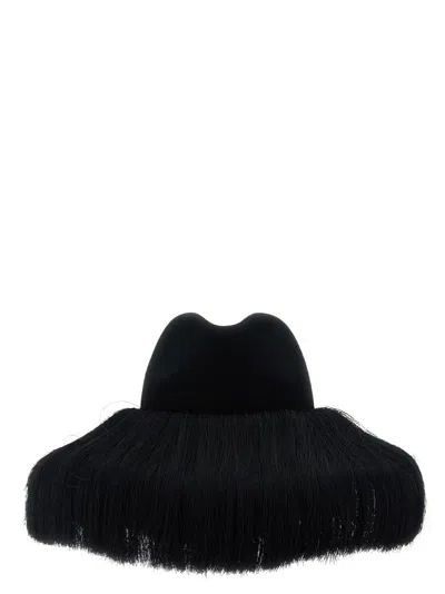 COMME DES GARÇONS WOMEN BLACK FRINGED FEDORA HAT, ONESIZE LUXURY HATS FOR WOMEN DARVEYS