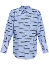 Comme Des Garçons Cotton Shirt With All Over Slogan Print In Blue
