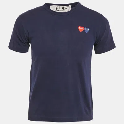 Pre-owned Comme Des Garçons Blue Play Black Heart Applique Jersey T-shirt S