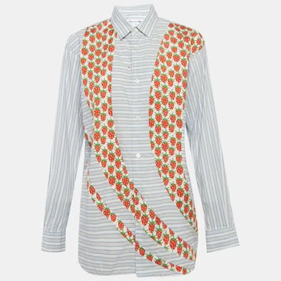 Comme Des Garçons Blue Striped Strawberry Print Cotton Shirt In Gray