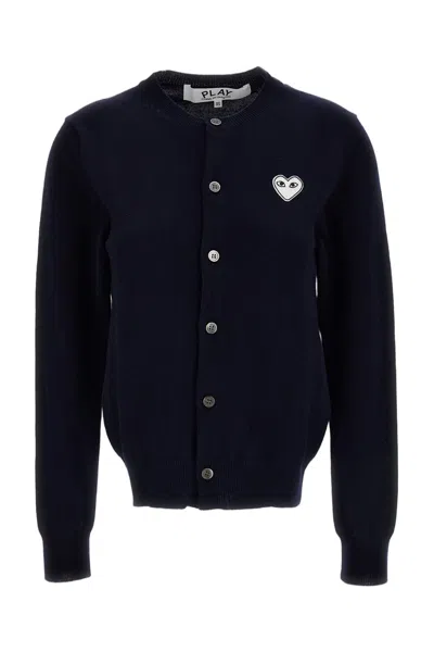 Comme Des Garçons Blue White Emblem Wool Crewneck Cardigan