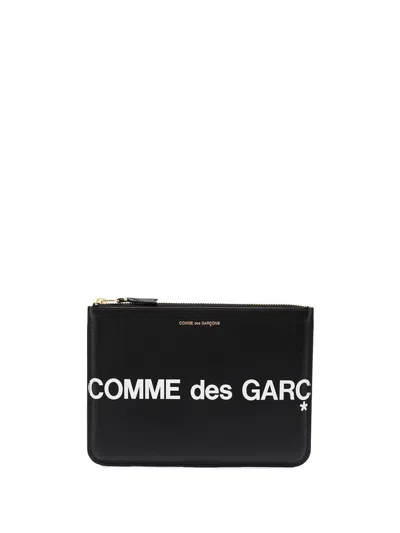 Comme Des Garçons Calf Leather Wallet With Contrast Printed Logo And Zip In Black