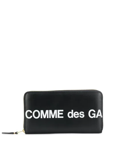 Comme Des Garçons Calf Leather Wallet With Contrast Printed Logo In Black