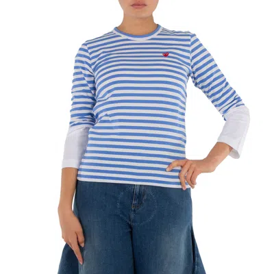 Comme Des Garçons Cdg Play Horizontal-stripe Heart Emblem  Long-sleeve T-shirt In Blue