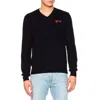 Comme Des Garçons Cdg Play V-neck Double Emblem Wool Sweater In Blue