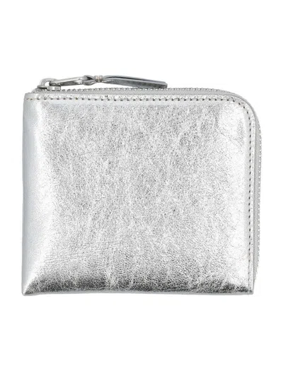 Comme Des Garçons Compact Leather Zip Wallet In Silver