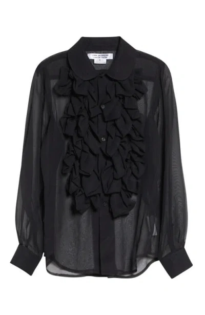 Comme Des Garçons Ruffle Sheer Crepe Button-up Shirt In Black