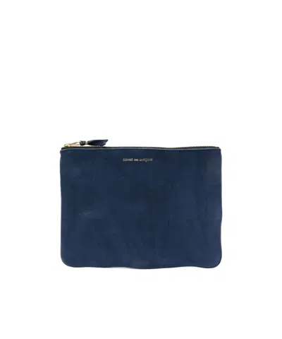 Comme Des Garçons Wallet Logo Printed Zip-up Pouch In Blue