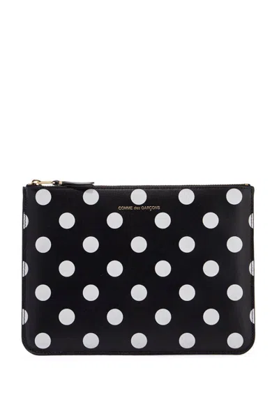 Comme Des Garçons Compact Black Leather Unisex Wallet With White Dots And Zip