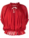 Comme Des Garçons Contrasting-bow Ruched Semi-sheer Blouse In Red