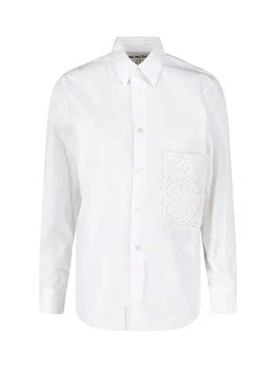Comme Des Garçons White Lace Applique Pocket Cotton Shirt
