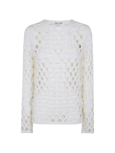 Comme Des Garçons Long Sleeve Round Neck Open Knit Sweater In White