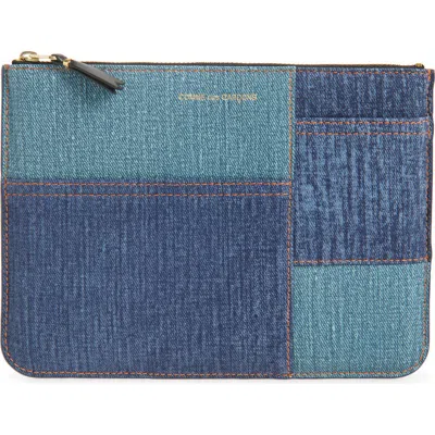 Comme Des Garçons Denim Pocket Leather Pouch Clutch In Blue