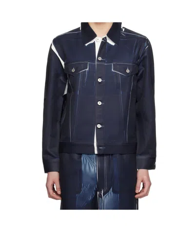 Comme Des Garçons Denim-print Jacket In Blue
