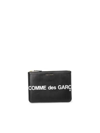 Comme Des Garçons Wallet Leather Pouch With Logo Print In Black