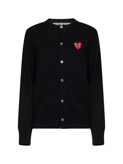 Comme Des Garçons Double Red Heart Embroidered Cardigan In Black