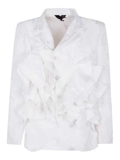 Comme Des Garçons White Structured Damask Ruffles Blazer