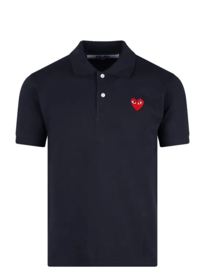 Comme Des Garçons Eyes Heart Patch Polo Shirt In Blue