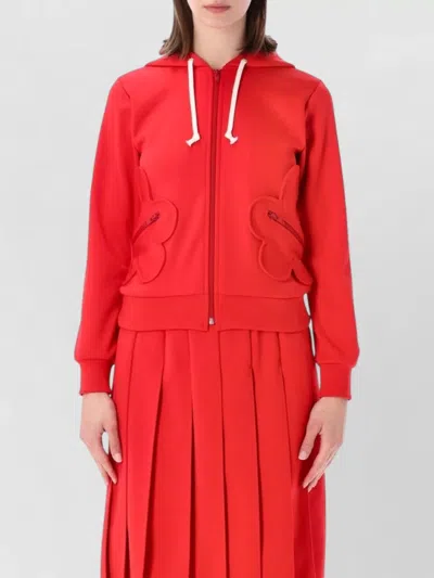 Comme Des Garçons Fleece Hooded Zip Jacket Ribbed Cuffs Hem In Red