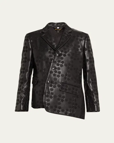 Comme Des Garçons Floral Embroidered Asymmetric Faux Leather Jacket In Black
