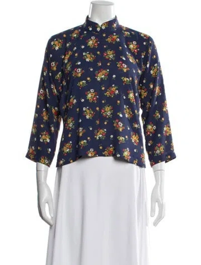 Pre-owned Comme Des Garçons Floral Print Mock Neck Blouse In Blue