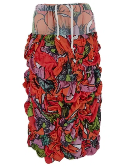 Comme Des Garçons Floral Printed Drawstring Midi Skirt In Multi