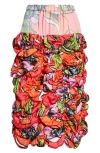 COMME DES GARÇONS FLORAL RUCHED SATIN MIDI SKIRT