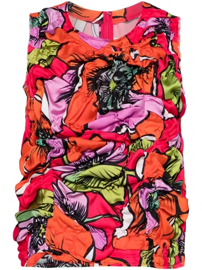 Comme Des Garçons Pleated Floral Top With Draped Effect And Zipped Back Closure In Multi