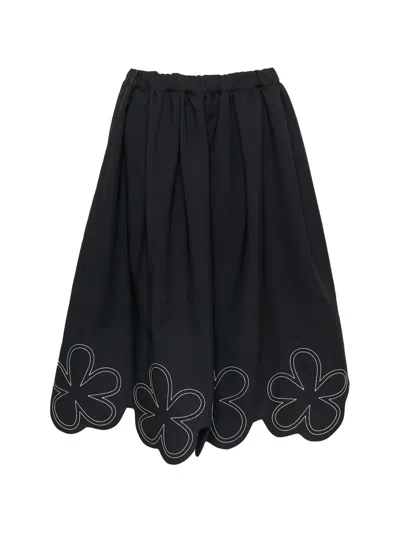 Comme Des Garcons Girl Flower-embroidered Scalloped-hem Midi Skirt In Black