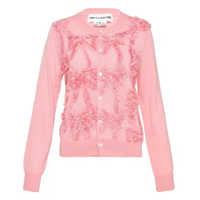 Comme Des Garcons Girl Wool Jersey Ribbon Embroidery Cardigan In Pink