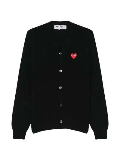 Comme Des Garçons V-neck Wool Cardigan With Distinctive Heart Emblem In Black