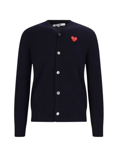 Comme Des Garçons Heart-patch V-neck Cardigan In Blue