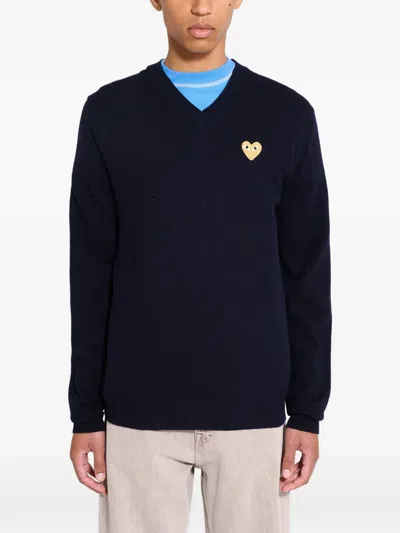 Comme Des Garçons Heart-patch V-neck Sweater In Blue