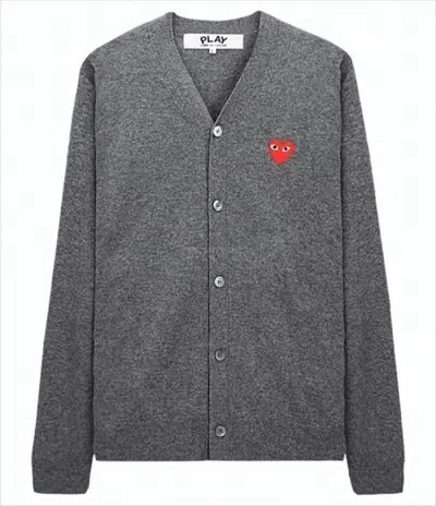 Comme Des Garçons Heathered Grey V-neck Cardigan With Iconic Heart Emblem In Gray