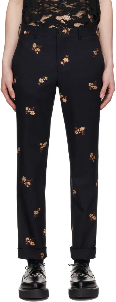 Comme Des Garçons Homme Deux Black Floral Pattern Embroidered Cropped Trousers