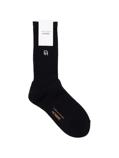 Comme Des Garçons Homme Deux Logo-embroidered Ribbed Socks In Black