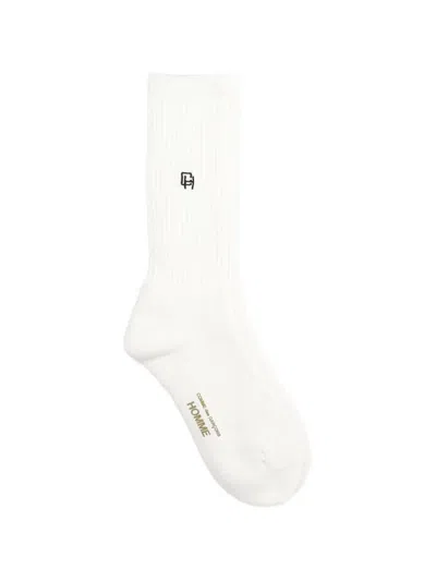 Comme Des Garçons Homme Deux Logo-embroidered Ribbed Socks In White