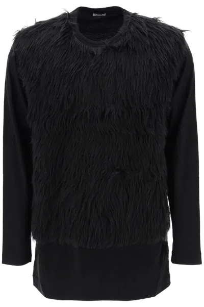 COMME DES GARÇONS HOMME DEUX MEN'S BLACK FAUX FUR SLEEVE LONG-SLEEVED T-SHIRT FOR FW23