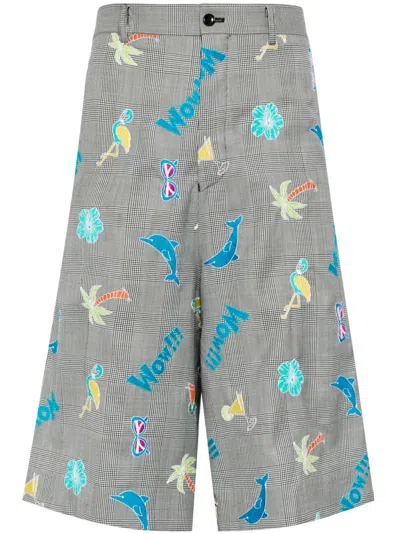 Comme Des Garçons Homme Deux Mirrored-rear Embroidered Checkered Shorts In Grey