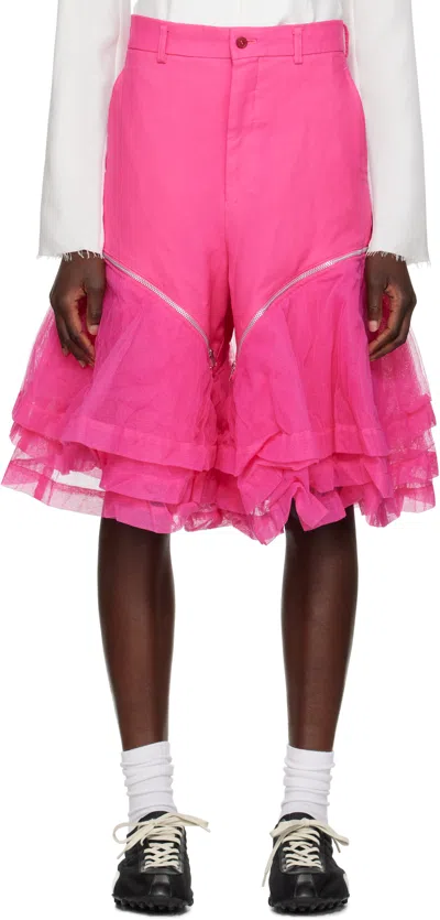 Comme Des Garçons Homme Deux Pink Gabardine & Nylon Tulle Garment Treated Shorts In 1 Pink