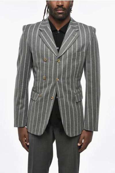 Comme Des Garçons Homme Plus Striped Wool Center Vent Notch Lapel Blazer In Gray